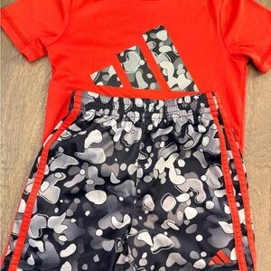 Adidas Red Tee and Black Patterned Shorts